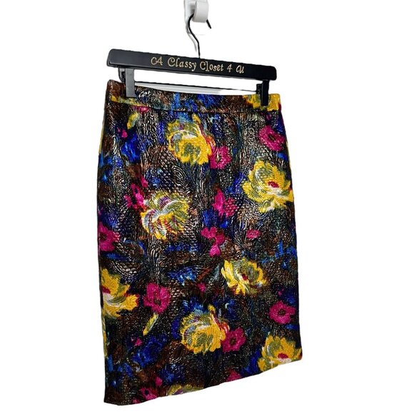 J. Crew Silk Cotton Black Floral Metallic Textured Straight Pencil Skirt 4 - Picture 8 of 9